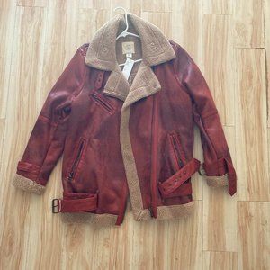 UO Red Faux Leather Oversized Sherpa Sheepskin Jacket LARGE NWT